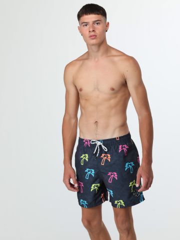מכנסי בגד ים בהדפס דקלים ניאון Maui And Sons