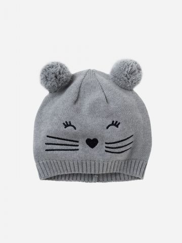 כובע גרב עם רקמת חתול ופונפונים