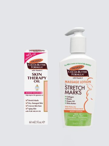 תחליב סימני מתיחה + שמן חמאת קקאו Massage Lotion for Stretch Marks + Skin theraphy oil של PALMERS