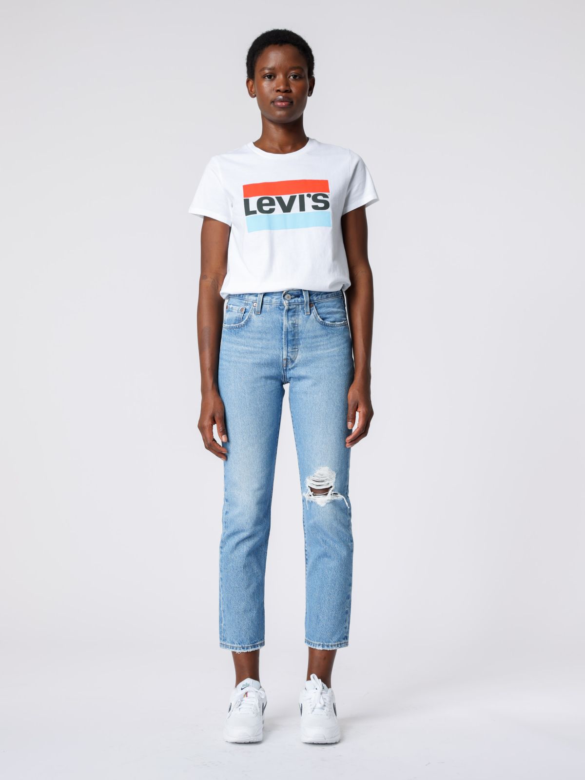 1 - 5 POCKETS גינס ג'ינס ארוך CROP 501 עם קרע דקורטיבי של LEVIS